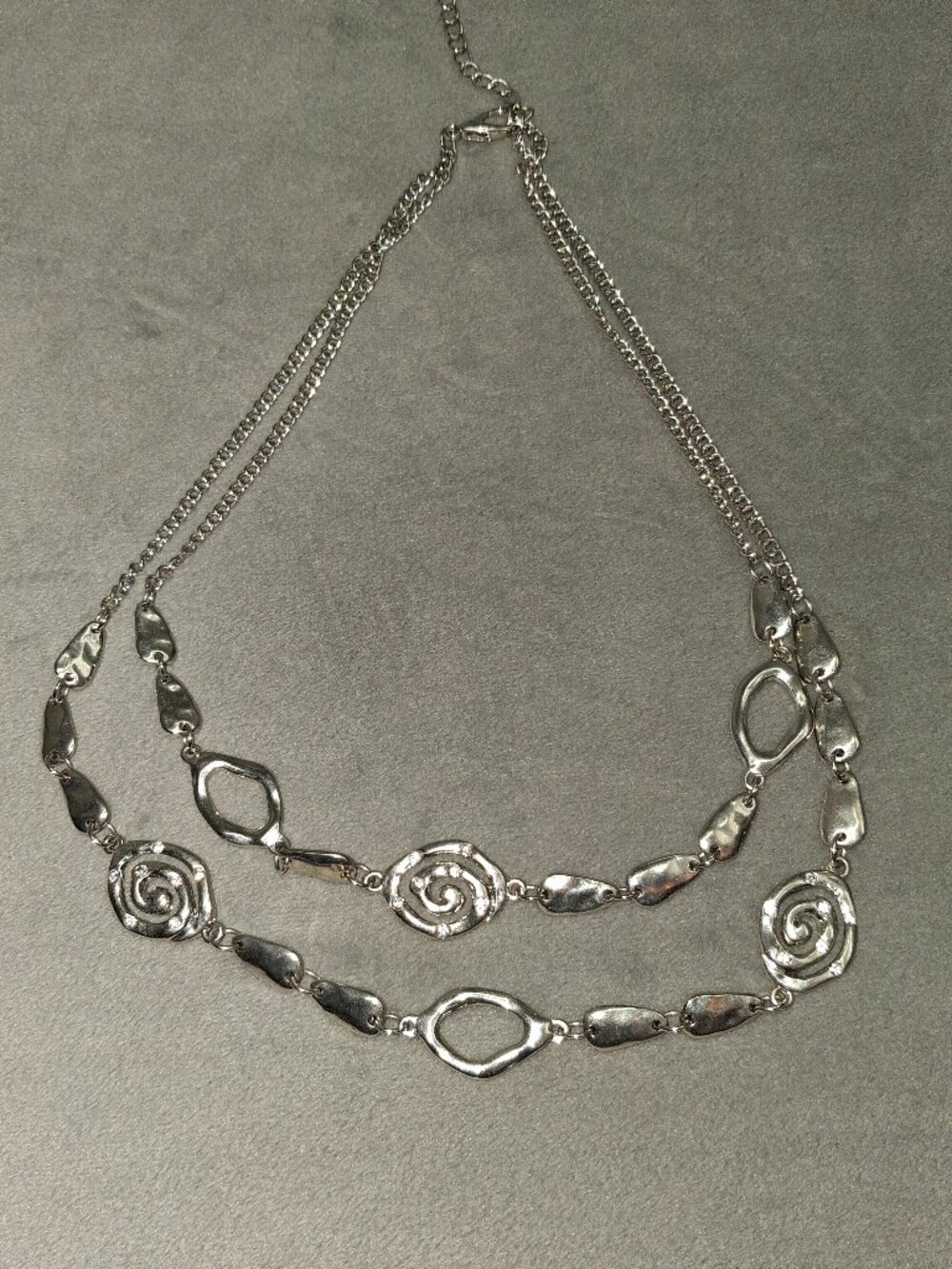 Silver Tone Layered Swirl & Organic Link Chain Necklace 17.5 Inches